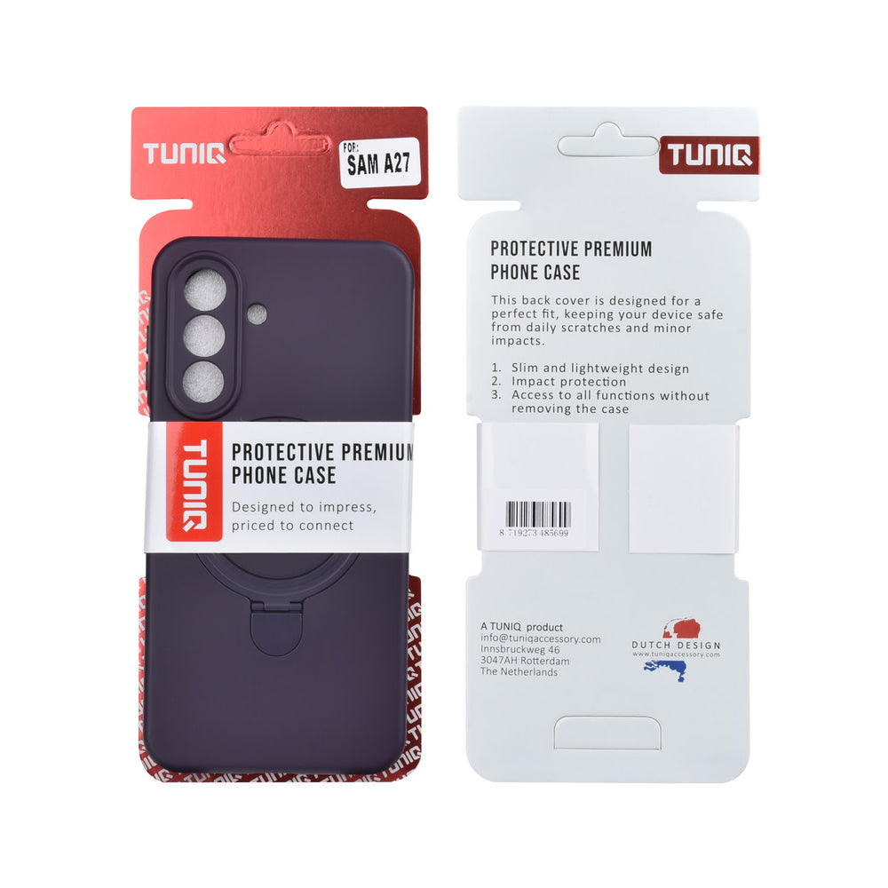 Voor- en achterkant van verpakking van donkerpaars TUNIQ telefoonhoesje met ringstandaard