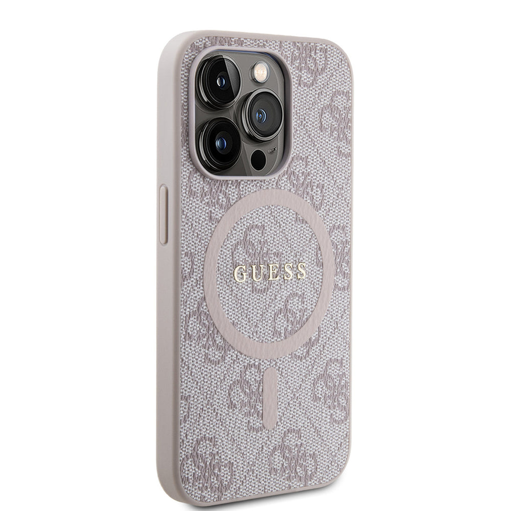 Roze Guess telefoonhoesje met 4G-patroon en rond logo, van achteren