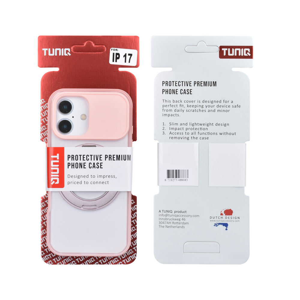 Voor- en achterkant van verpakking van roze TUNIQ telefoonhoesje met glanzende ringstandaard