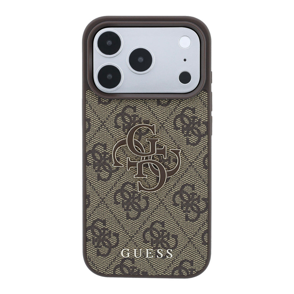 Bruin Guess telefoonhoesje met 4G-patroon en groot logo, van achteren