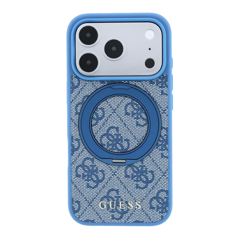 Blauw Guess telefoonhoesje met 4G-patroon met ingeklapte ringstandaard, van achteren