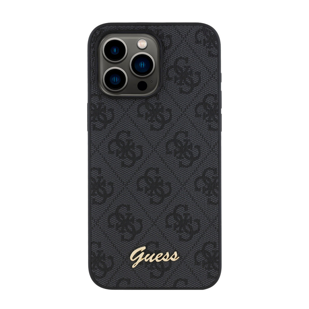 Zwart Guess telefoonhoesje met 4G-patroon en goudkleurig schriftlogo, van achteren