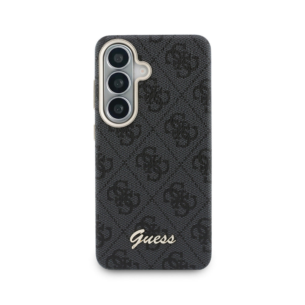 Zwart Guess telefoonhoesje met 4G-patroon en goudkleurig schriftlogo, van achteren