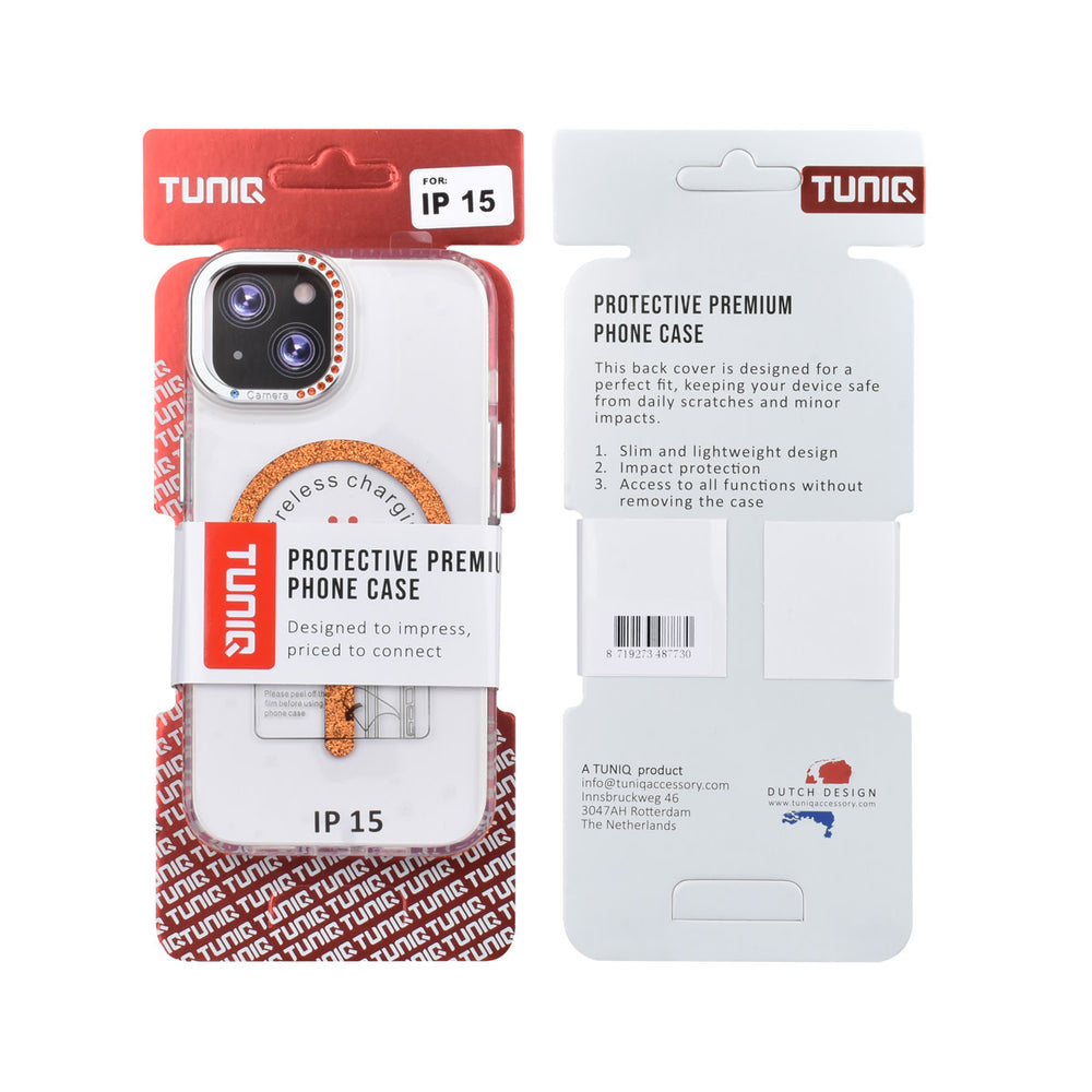 Voor- en achterkant van verpakking van transparant TUNIQ telefoonhoesje met oranje glitterring en rand