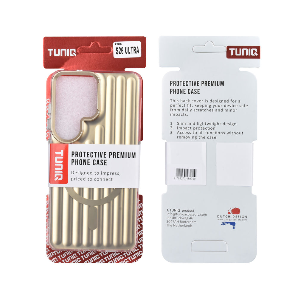 Voor- en achterkant van verpakking van goudkleurig TUNIQ telefoonhoesje met verticale ribbels en ring