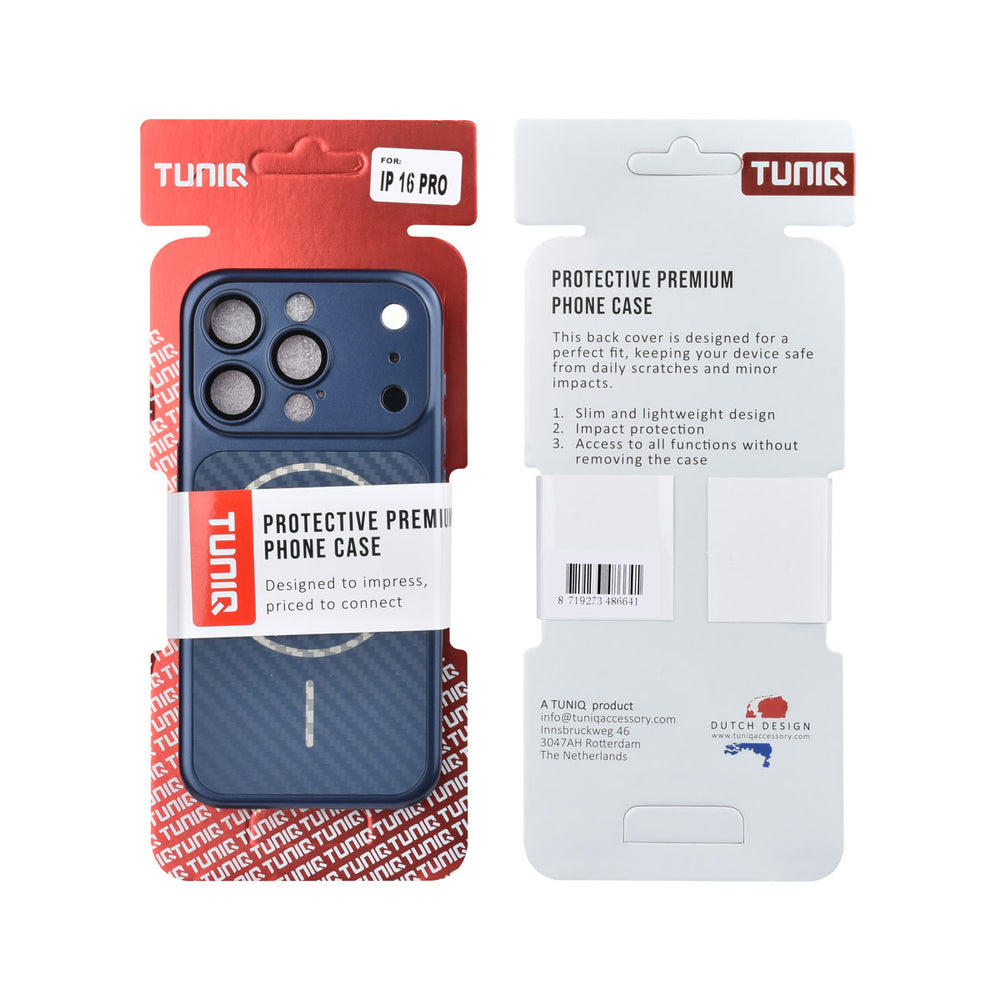 Voor- en achterkant van verpakking van blauw TUNIQ telefoonhoesje met diagonaal patroon en ring