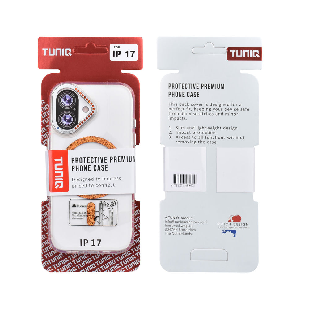 Voor- en achterkant van verpakking van transparant TUNIQ telefoonhoesje met oranje glitterring en rand
