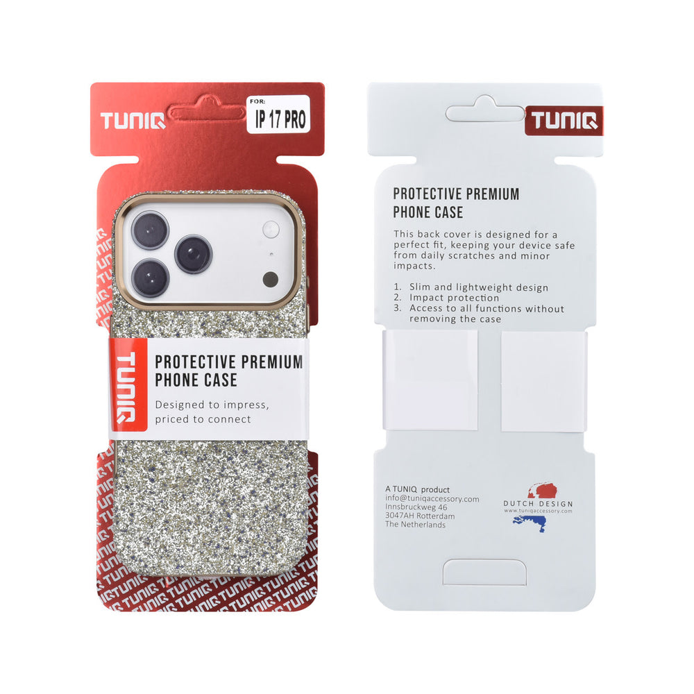 Voor- en achterkant van verpakking van tUNIQ telefoonhoesje met lichte glitters en goudkleurige rand