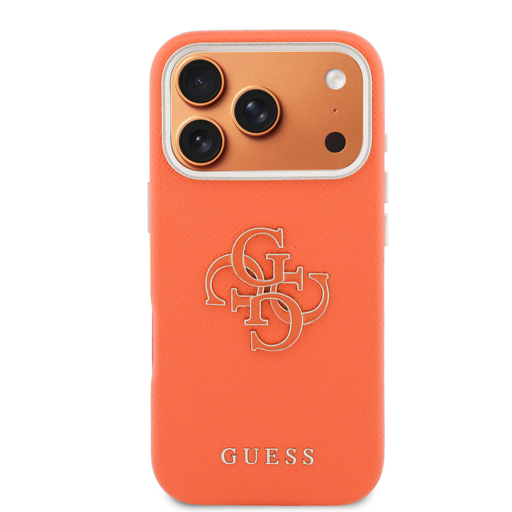 Oranje Guess telefoonhoesje met groot goudkleurig 4G-logo, van achteren