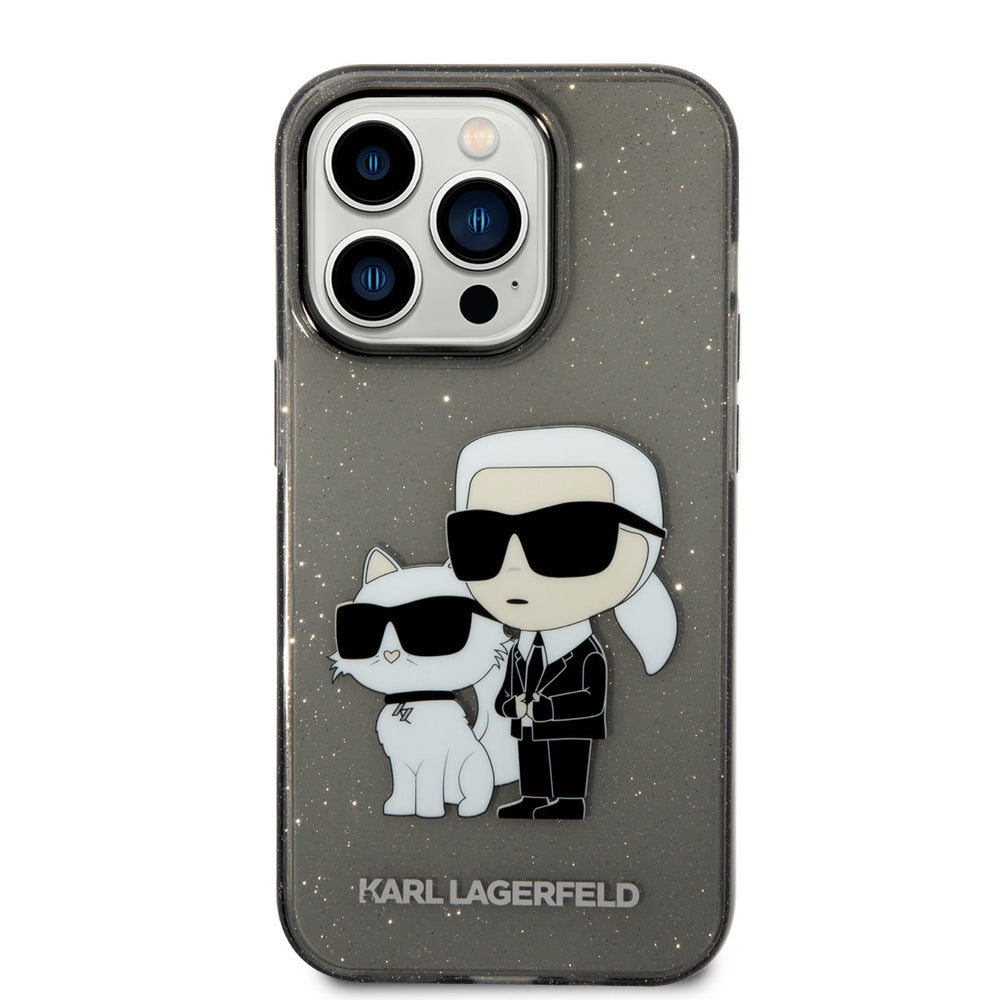 Karl Lagerfeld telefoonhoesje met glitters en figuren van Karl en Choupette, van achteren