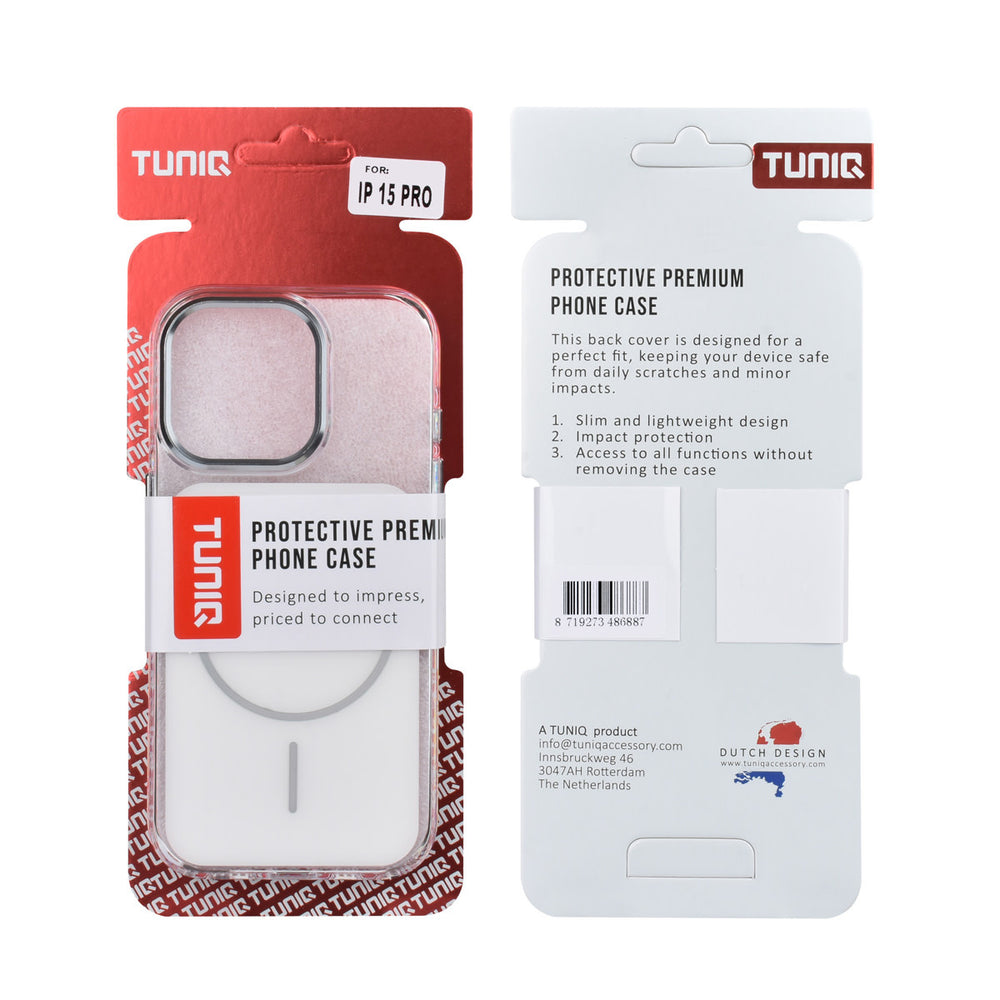 Voor- en achterkant van verpakking van wit TUNIQ telefoonhoesje met witte ring
