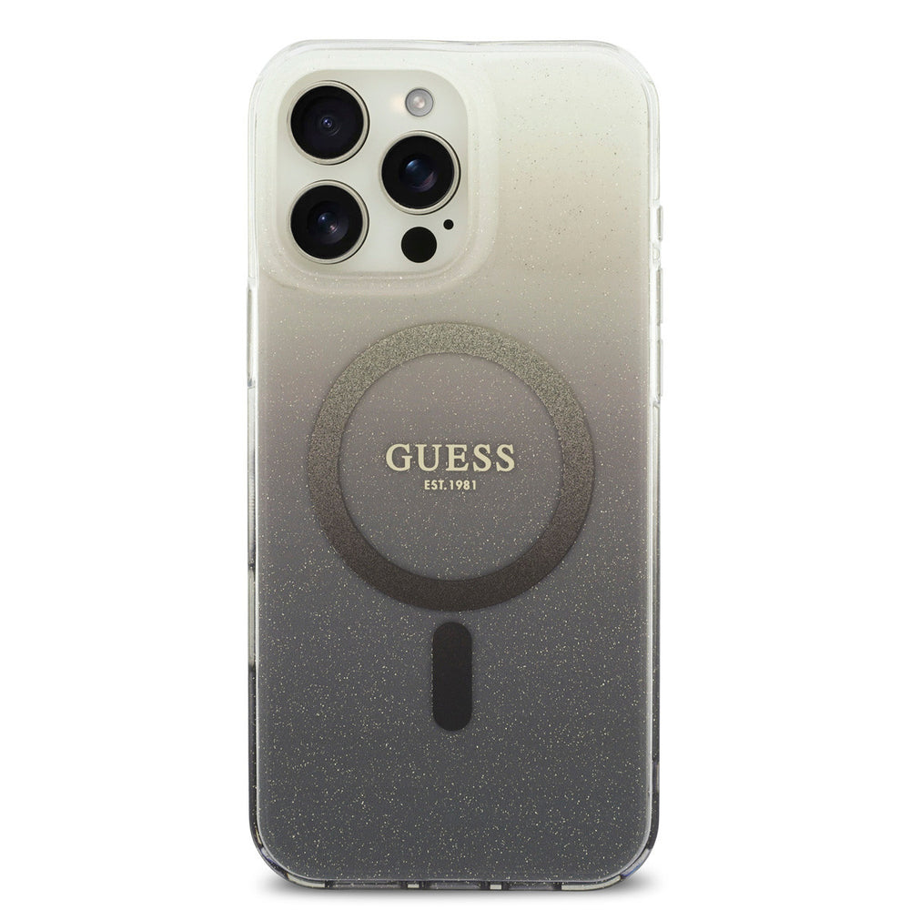 Guess telefoonhoesje met grijs-zwart kleurverloop, glitters en ring, van achteren