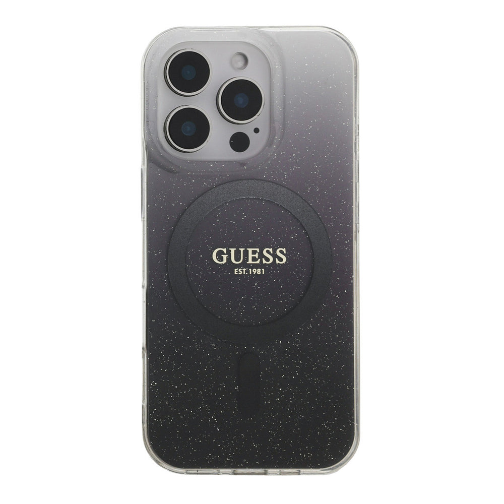 Guess telefoonhoesje met grijs-zwart kleurverloop, glitters en ring, van achteren