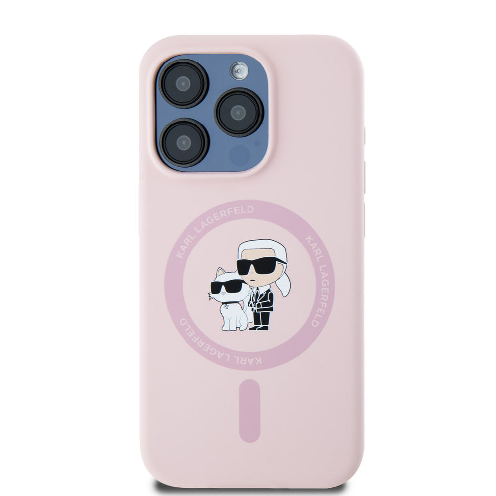 Roze Karl Lagerfeld telefoonhoesje met ring en Karl- en Choupette-figuren, van achteren