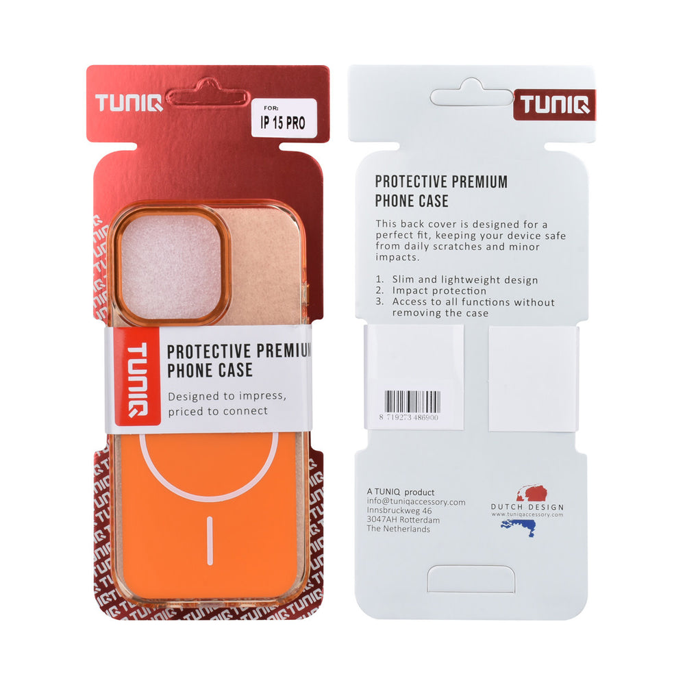 Voor- en achterkant van verpakking van oranje TUNIQ telefoonhoesje met witte ring