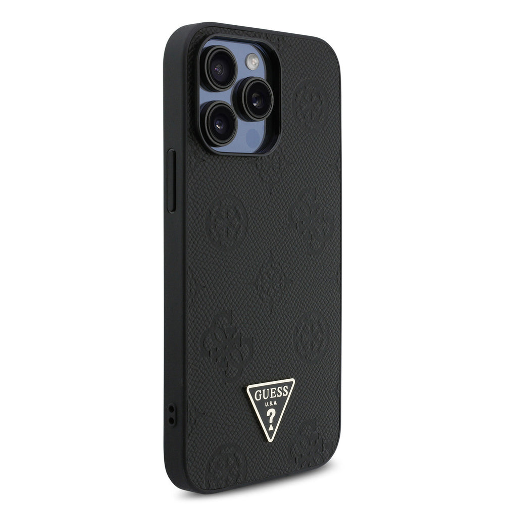 Zwart Guess telefoonhoesje met bloemenpatroon en driehoekslogo, vanaf de andere zijkant