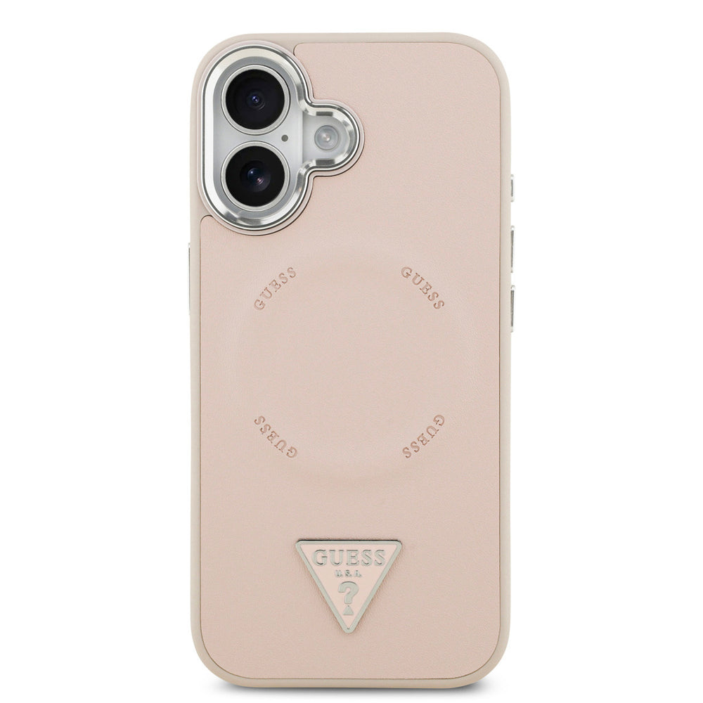 Roze Guess telefoonhoesje met ringmarkering en driehoekslogo, van achteren