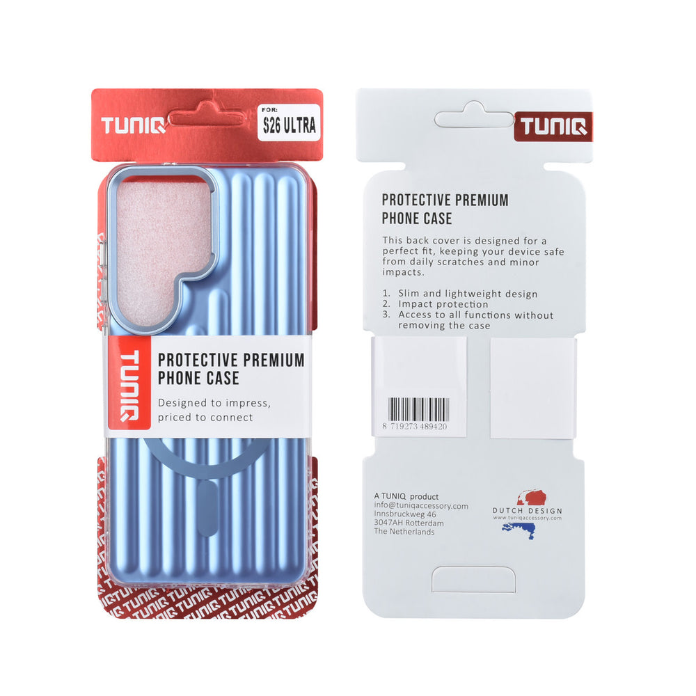 Voor- en achterkant van verpakking van blauw TUNIQ telefoonhoesje met verticale ribbels en ring