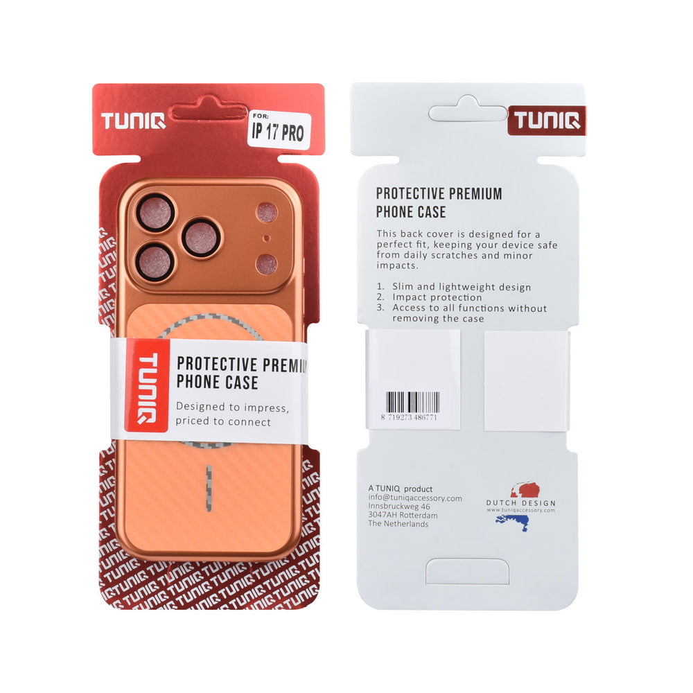 Voor- en achterkant van verpakking van oranje TUNIQ telefoonhoesje met diagonaal patroon en ring