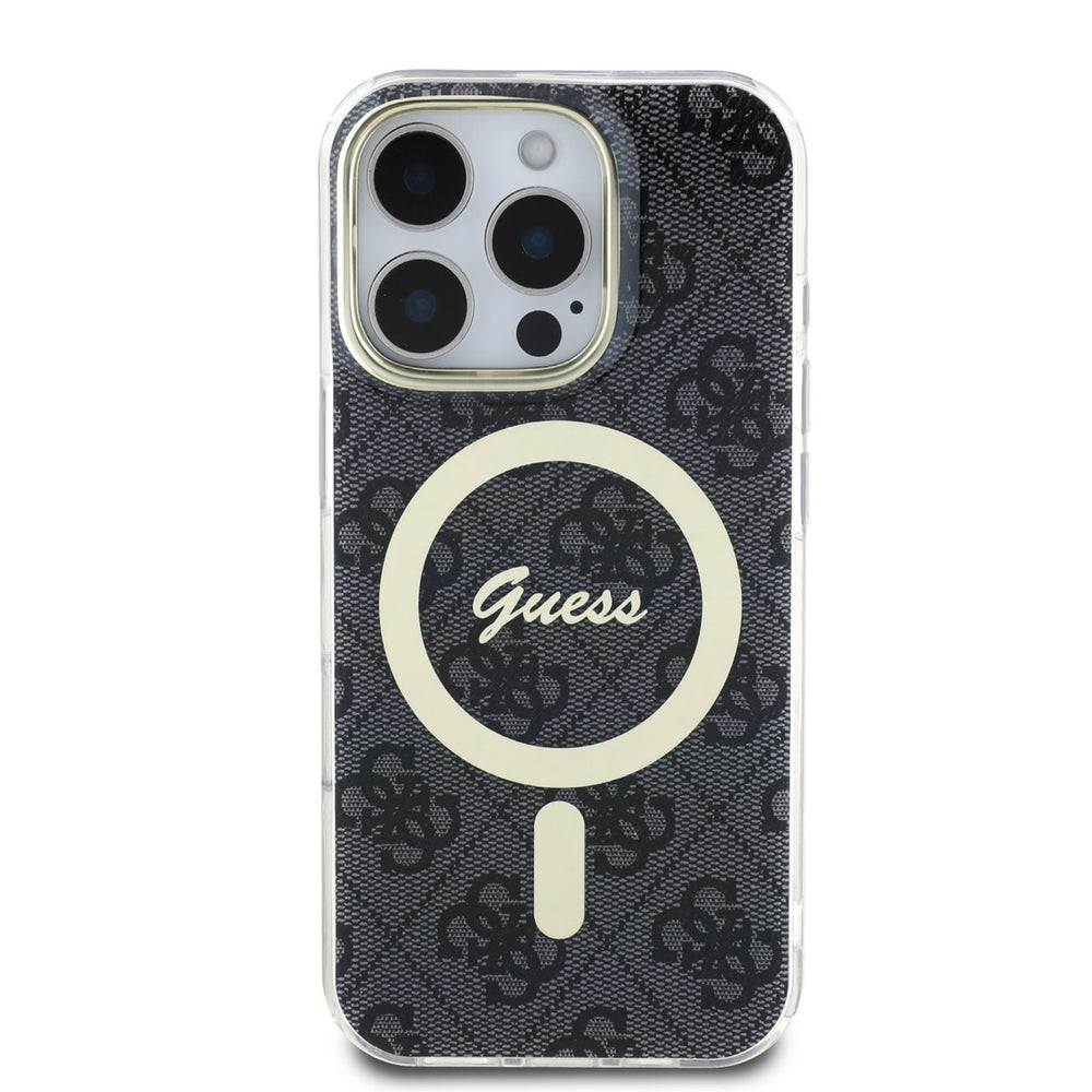 Zwart Guess telefoonhoesje met 4G-patroon en lichtgekleurde ring, van achteren