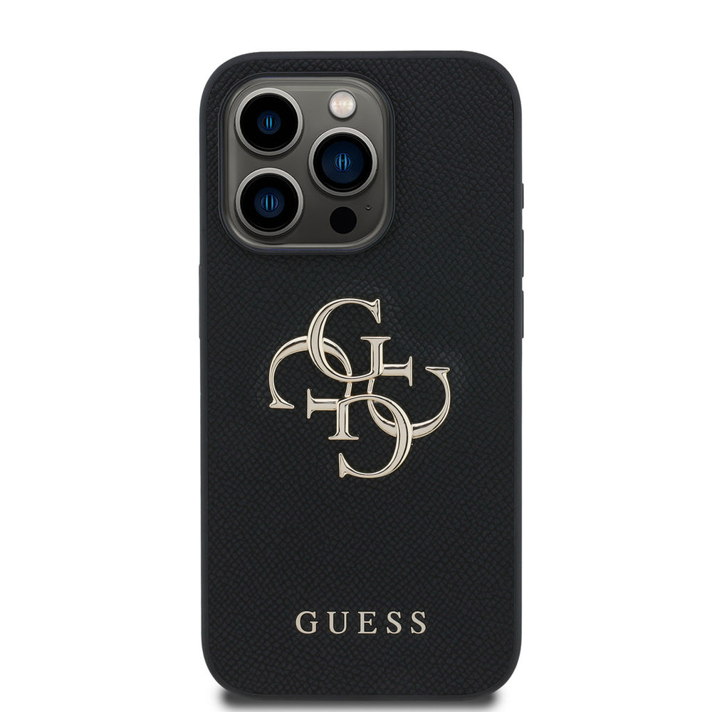 Zwart Guess telefoonhoesje met groot goudkleurig 4G-logo, van achteren