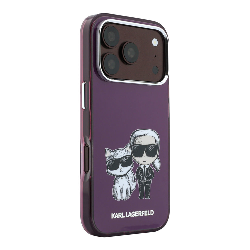 Bordeauxkleurig Karl Lagerfeld telefoonhoesje met figuren van Karl en Choupette, vanaf de andere zijkant