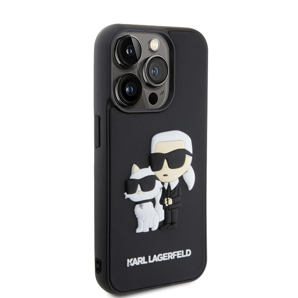 Zwart Karl Lagerfeld telefoonhoesje met figuren van Karl en Choupette, vanaf de andere zijkant
