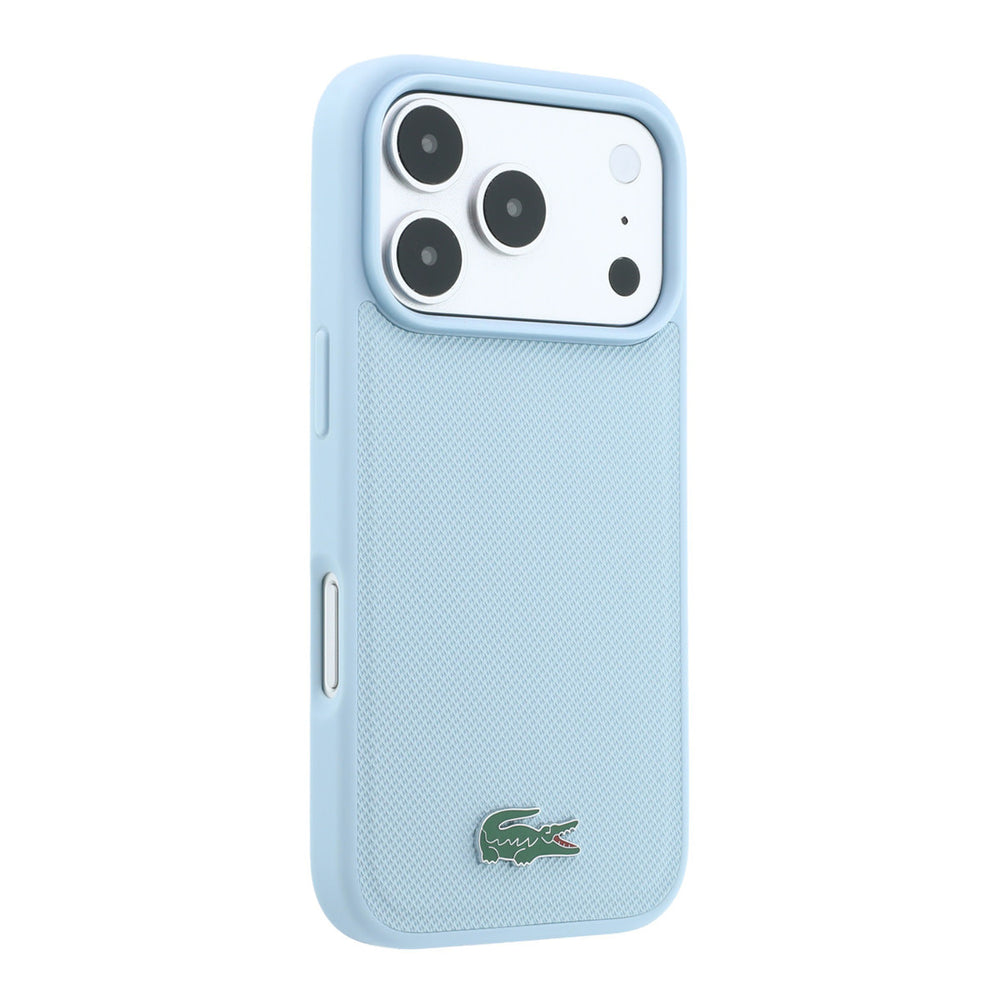 Lichtblauw Lacoste telefoonhoesje met krokodillenlogo, vanaf de andere zijkant