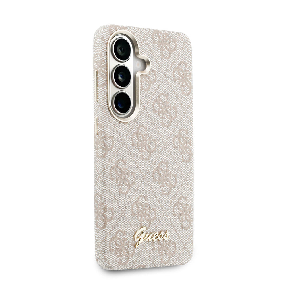 Roze Guess telefoonhoesje met 4G-patroon en goudkleurig schriftlogo, vanaf de andere zijkant