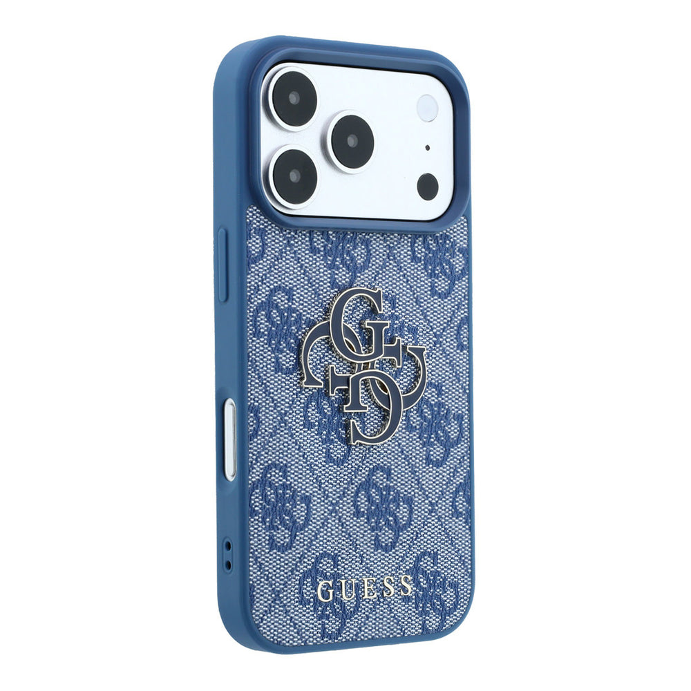 Blauw Guess telefoonhoesje met 4G-patroon en groot logo, vanaf de andere zijkant