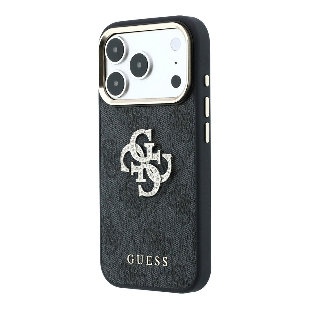 Zwart Guess telefoonhoesje met 4G-patroon en groot strasslogo, schuin van achteren