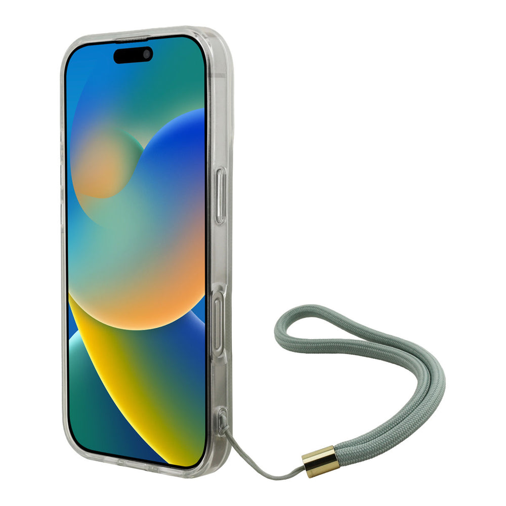 Groen Guess telefoonhoesje, van voren op een telefoon