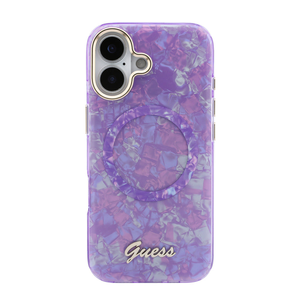 Paars Guess telefoonhoesje met parelmoerpatroon, ring en schriftlogo, van achteren