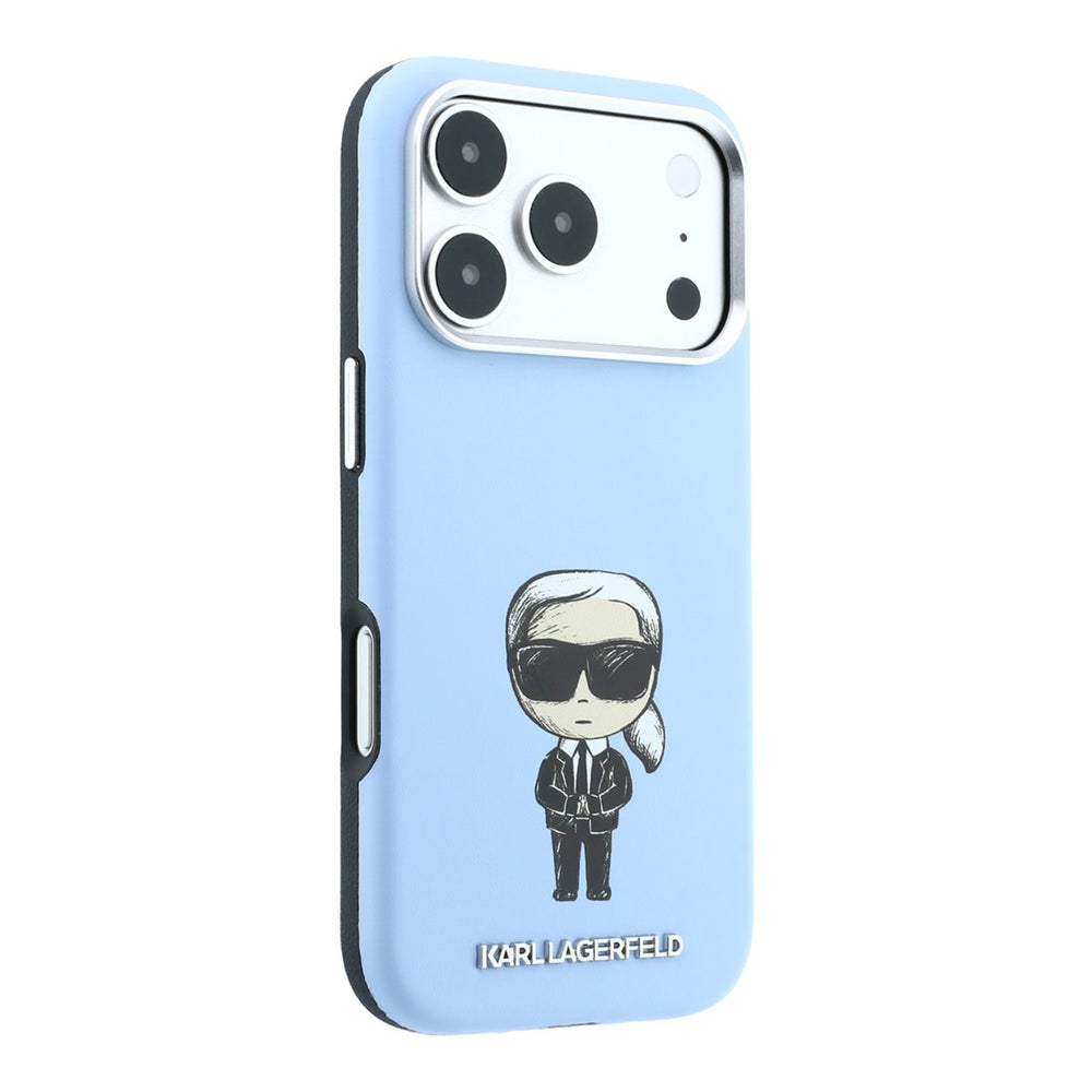 Lichtblauw Karl Lagerfeld telefoonhoesje met figuur van Karl, vanaf de andere zijkant