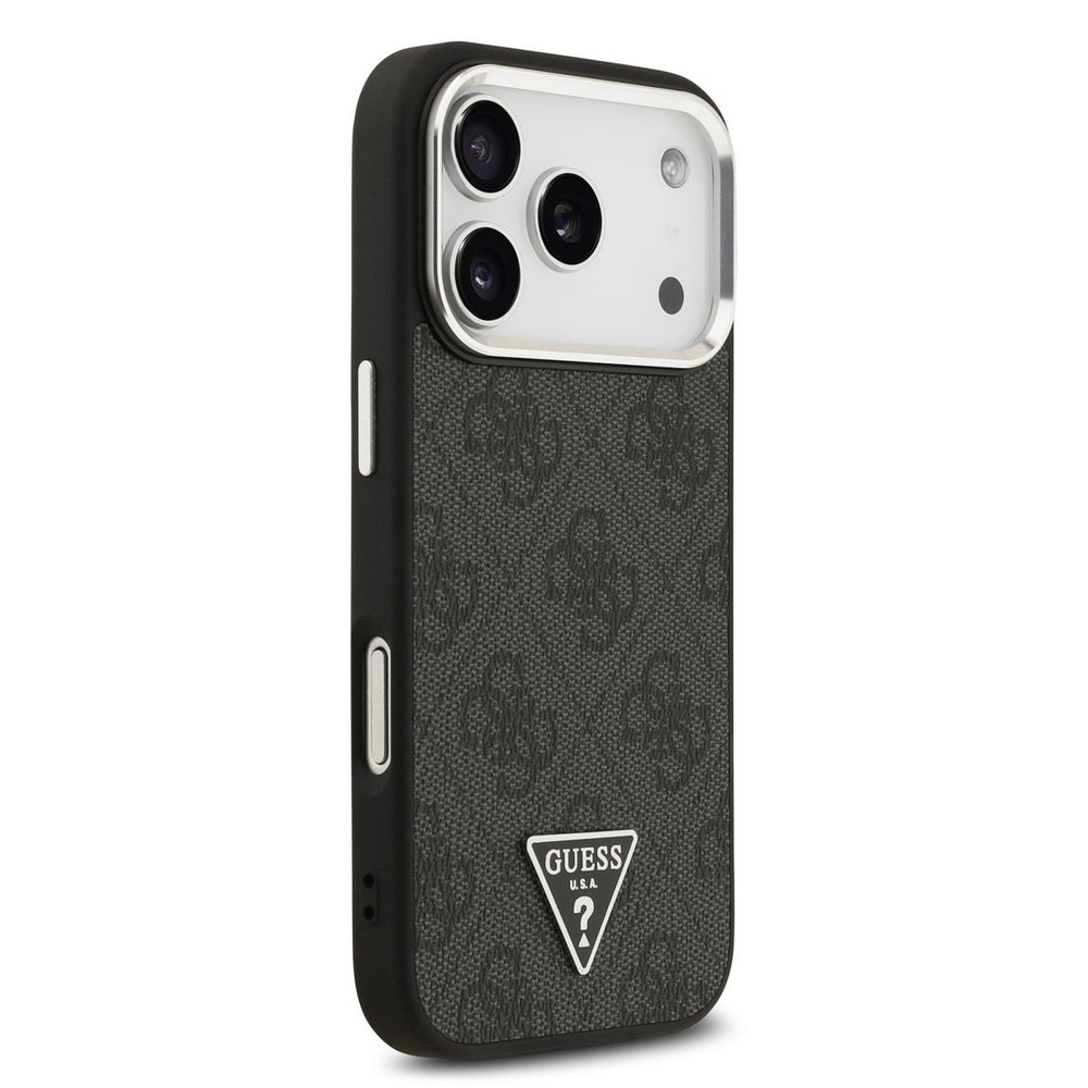 Zwart Guess telefoonhoesje met 4G-patroon en driehoekslogo, vanaf de andere zijkant