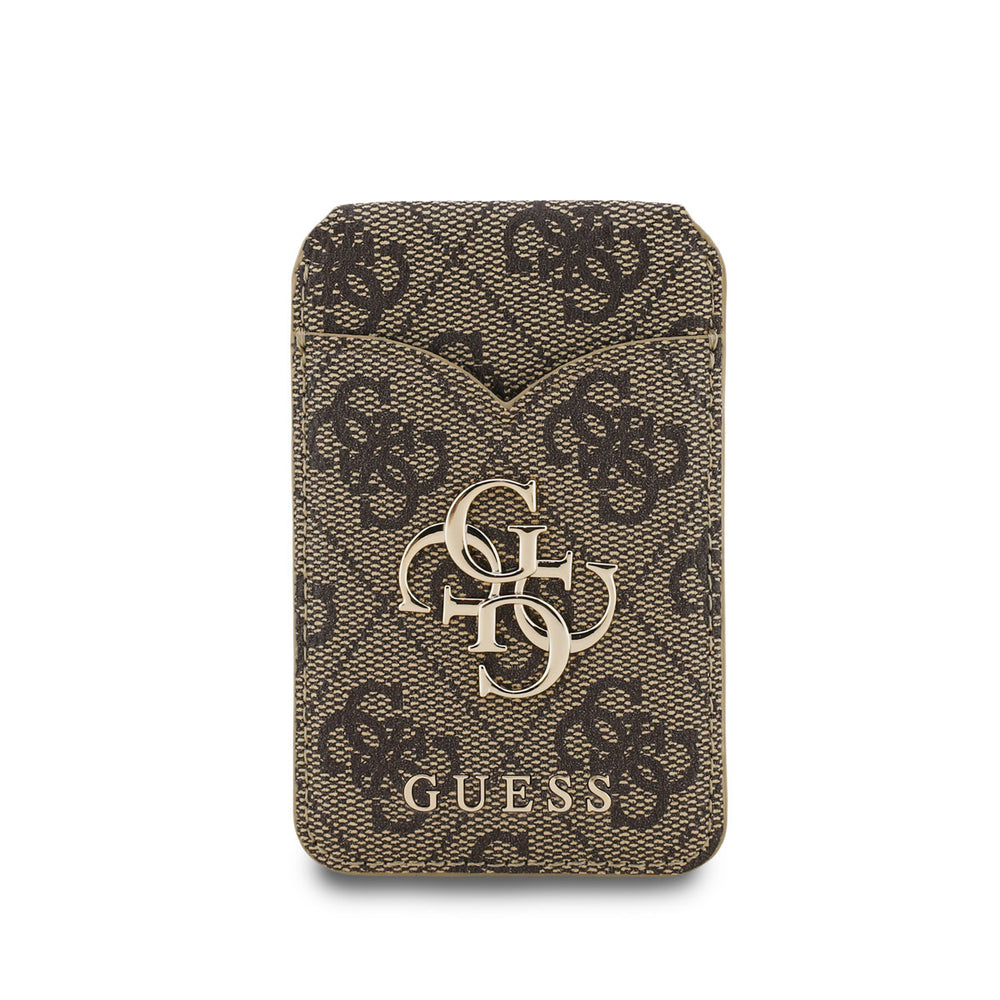 Voorkant van bruine Guess pasjeshouder met 4G-patroon en goudkleurig logo