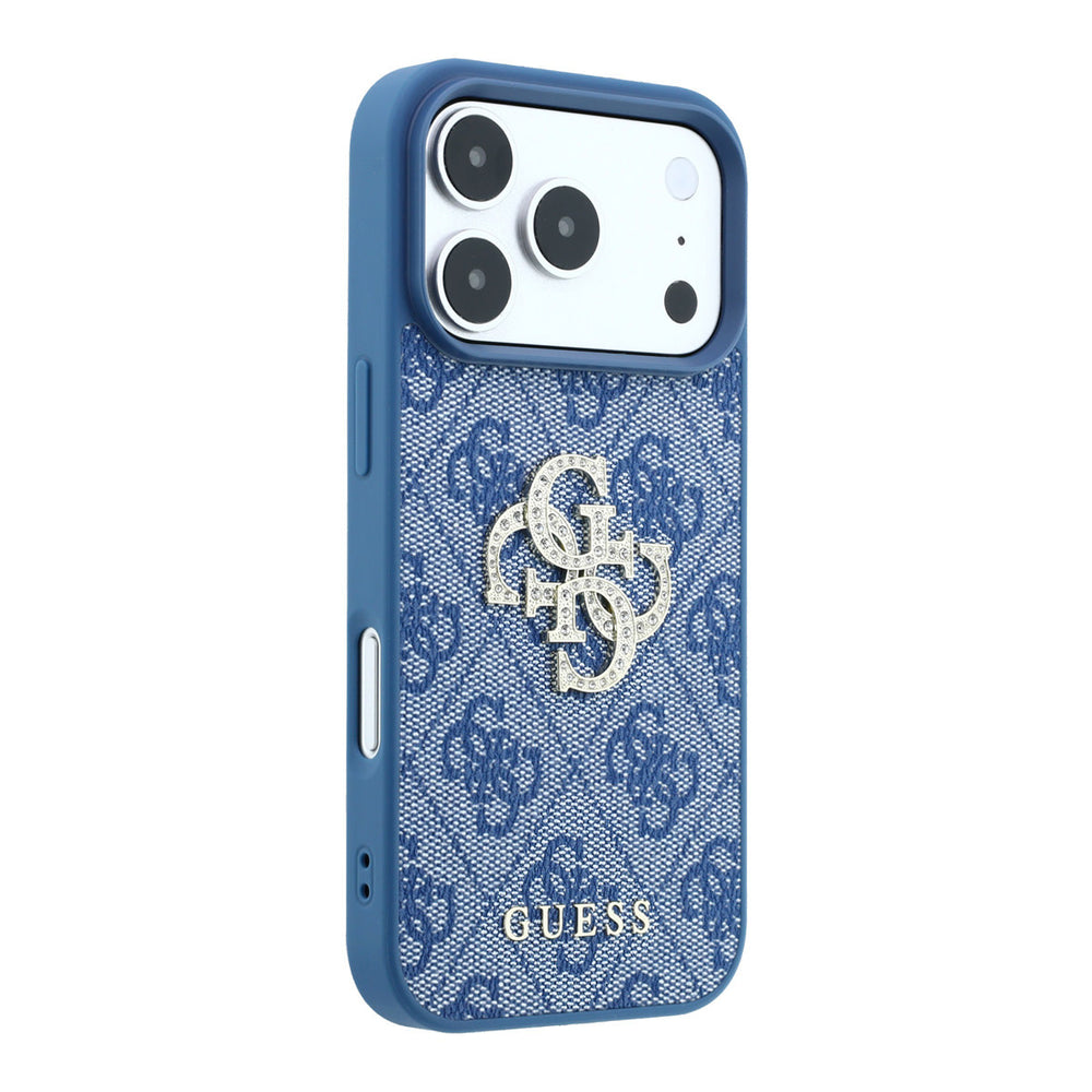 Blauw Guess telefoonhoesje met 4G-patroon en groot strasslogo, vanaf de andere zijkant