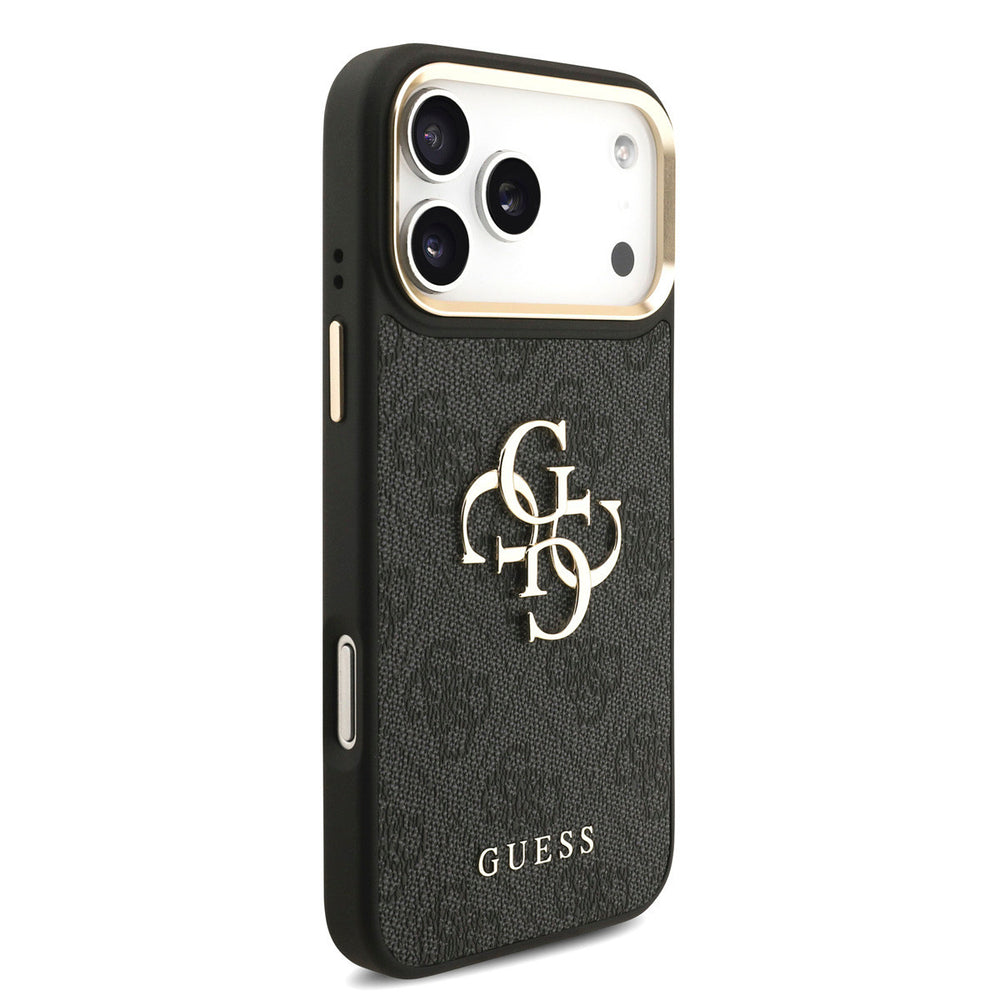 Zwart Guess telefoonhoesje met 4G-patroon en groot goudkleurig logo, vanaf de andere zijkant