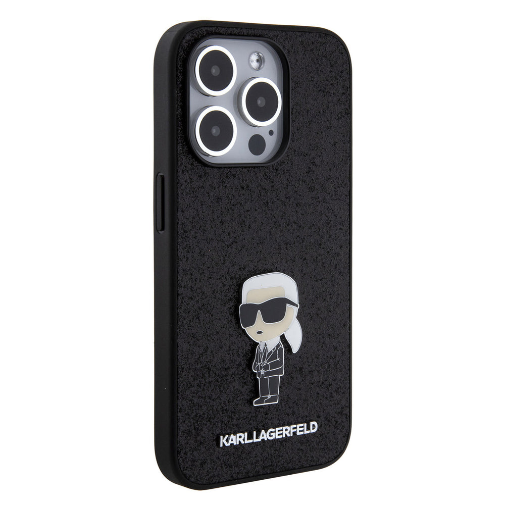 Zwart Karl Lagerfeld telefoonhoesje met glitters en kleine Karl-figuur, vanaf de andere zijkant