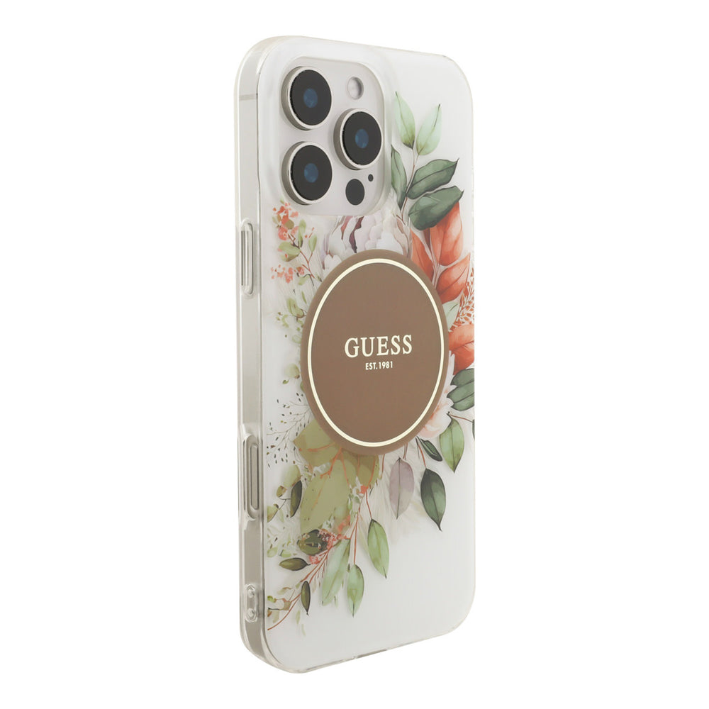 Guess telefoonhoesje met bloemen en bruin rond logo, vanaf de andere zijkant
