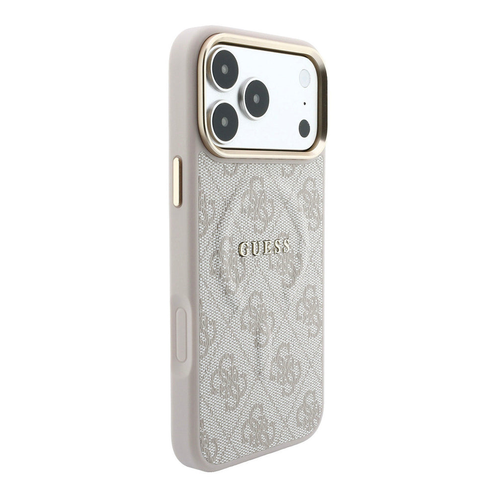 Lichtgekleurd Guess telefoonhoesje met 4G-patroon en klassiek logo, vanaf de andere zijkant