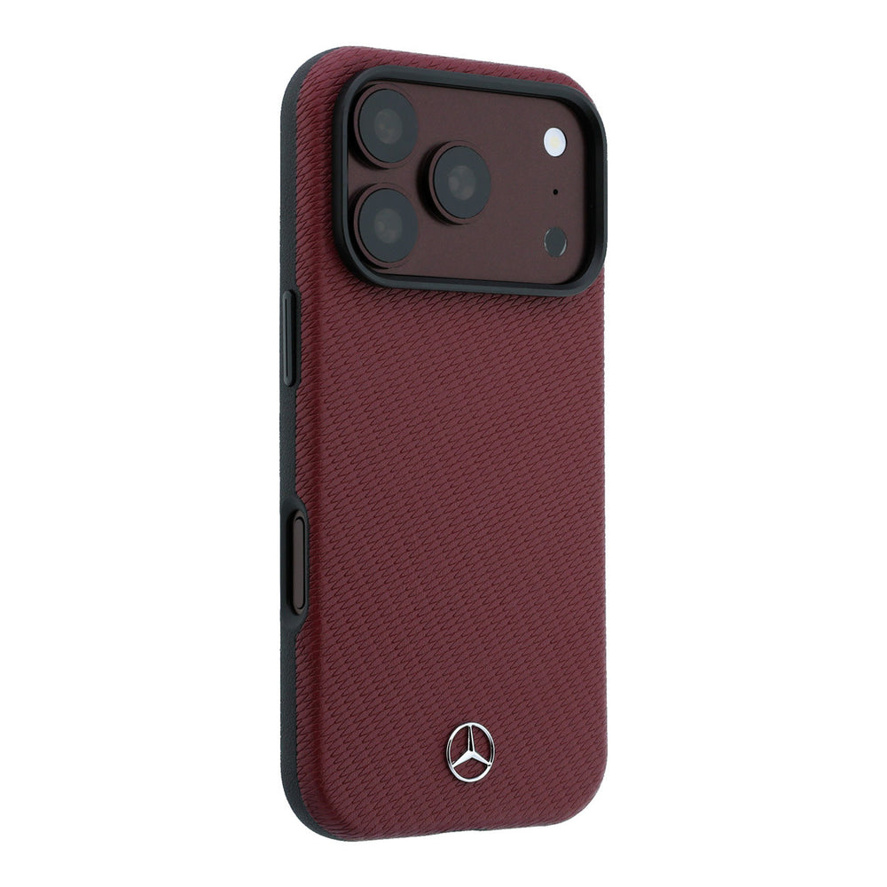 Bordeauxrood Mercedes-Benz telefoonhoesje met diagonaal patroon en Mercedes-logo, vanaf de andere zijkant