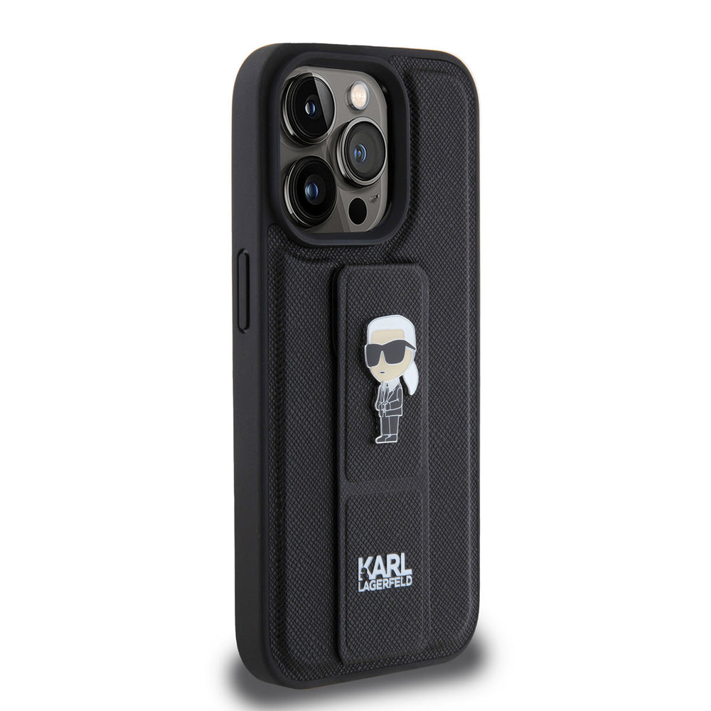 Zwart Karl Lagerfeld telefoonhoesje met handgreep en Karl-figuur, vanaf de andere zijkant
