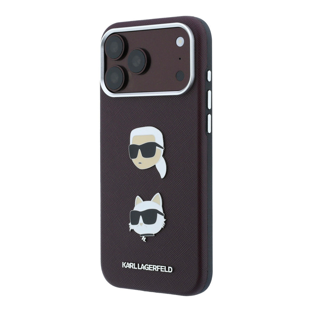 Bordeauxkleurig Karl Lagerfeld telefoonhoesje met hoofden van Karl en Choupette, vanaf de andere zijkant