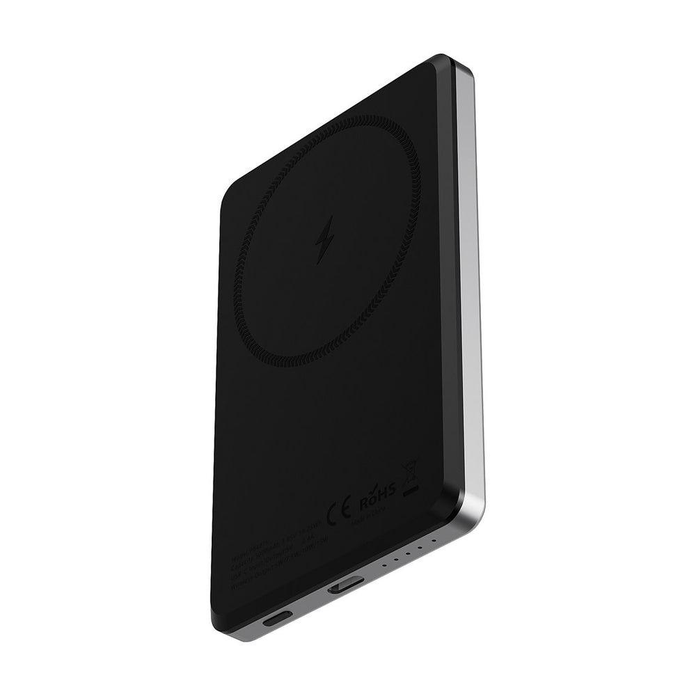 Zwarte TUNIQ powerbank schuin rechtop met ronde laadmarkering