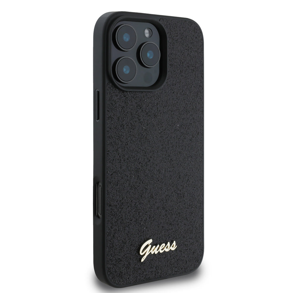 Zwart Guess telefoonhoesje met glitters en goudkleurig schriftlogo, vanaf de andere zijkant