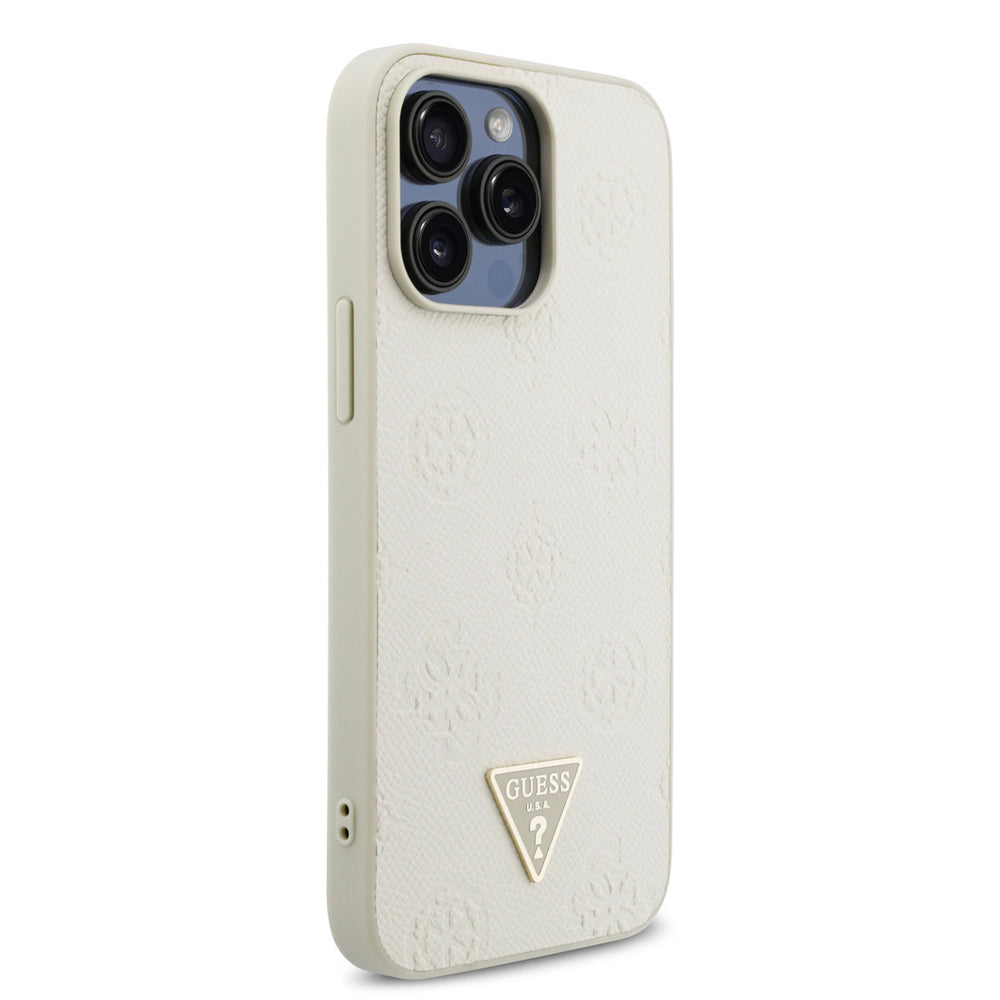 Beige Guess telefoonhoesje met bloemenpatroon en driehoekslogo, vanaf de andere zijkant
