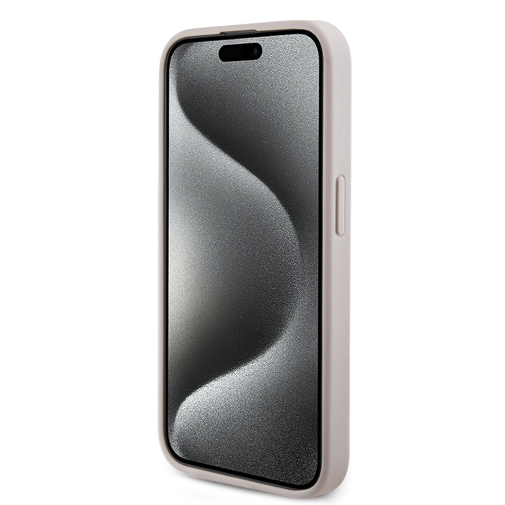Roze Guess telefoonhoesje met 4G-patroon en rond logo, vanaf de andere zijkant
