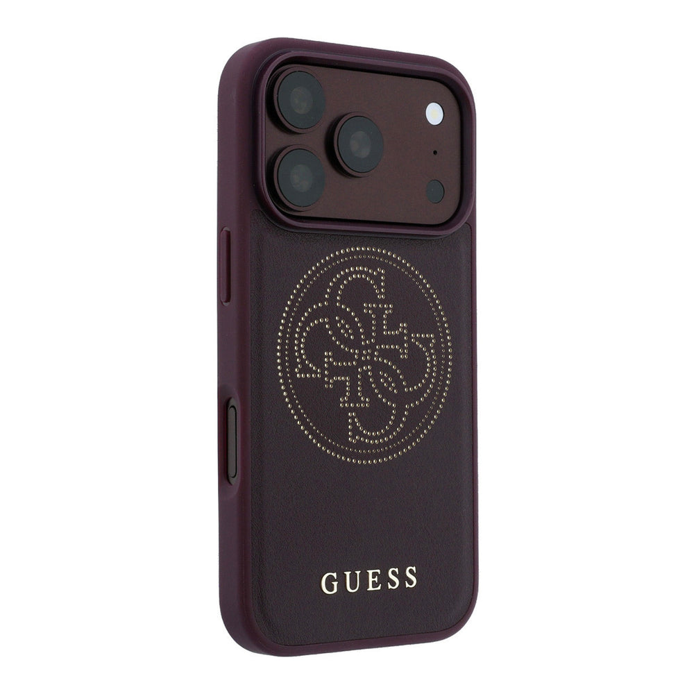 Bordeauxkleurig Guess telefoonhoesje met groot geperforeerd 4G-logo, vanaf de andere zijkant