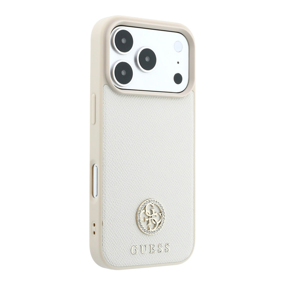 Beige Guess telefoonhoesje met rond logo, vanaf de andere zijkant
